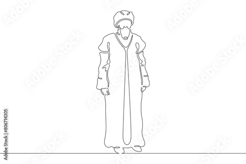 Muslim priest, Islamic clergyman. Male priest in full length in religious vestments. Religion. One continuous line. Line art. Minimum one line. White background. One line drawing.