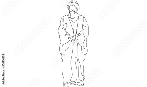 Muslim priest, Islamic clergyman. Male priest in full length in religious vestments. Religion. One continuous line. Line art. Minimum one line. White background. One line drawing.