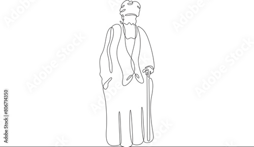 Muslim priest, Islamic clergyman. Male priest in full length in religious vestments. Religion. One continuous line. Line art. Minimum one line. White background. One line drawing.