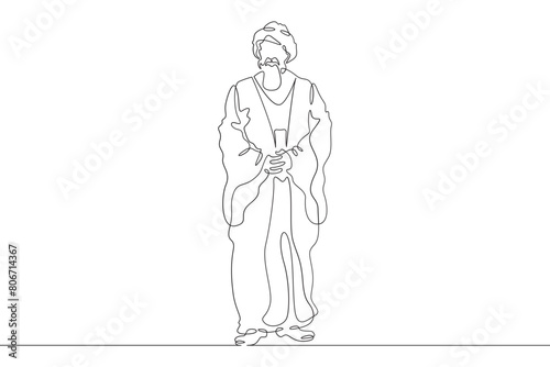 Muslim priest, Islamic clergyman. Male priest in full length in religious vestments. Religion. One continuous line. Line art. Minimum one line. White background. One line drawing.