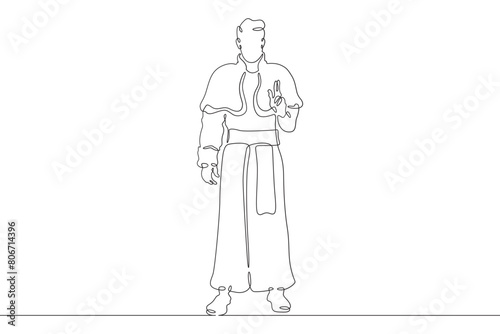 Catholic priest. Christian minister of worship. A full-length male priest in religious vestments. Religion.One continuous line . Line art. Minimal single line.White background. One line drawing. 