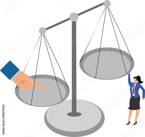 Applying pressure, job or occupational pressure, leverage, principle of leverage, equidistant huge index fingers pressing on a seesaw to make a businesswoman hang in the air