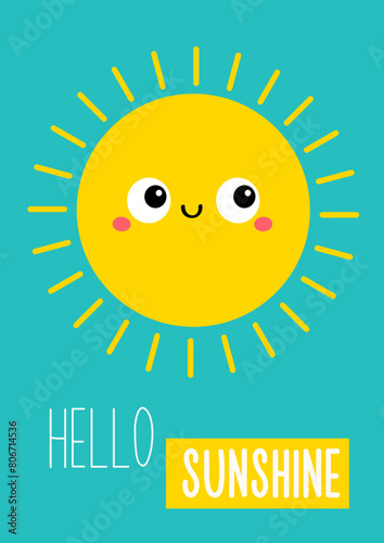 Cute sun shining. Cartoon kawaii funny baby character. Smiling face with big eyes. Hello sunshine summer greeting card. Childish style. Flat design. Isolated. Blue background. Vector illustration © worldofvector
