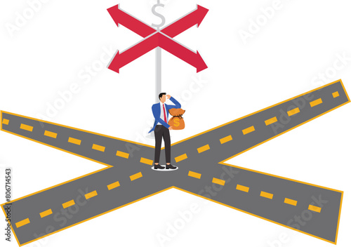 The problem of investing and where to invest, where to invest, the problem of money, investment choices and crossroads, the businessman standing at the crossroads of the dollar with a bag of money