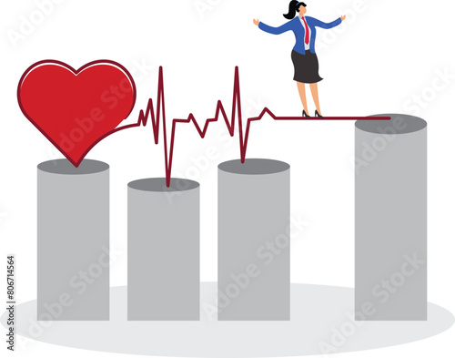 Healthy Lifestyle, Pharmaceuticals and Medical Health, Work-Life Balance and Health Risks, Businesswoman Walking on the Heart Pulse to Maintain Balance