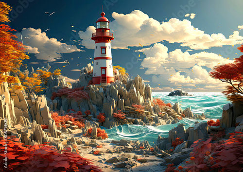 Cartoon background with sea shore and lighthouse on a rock