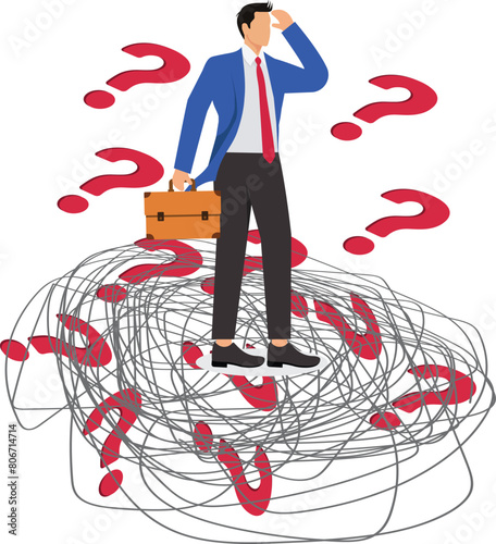 Skepticism, doubt or uncertainty, searching for answers solutions, doubtful businessman surrounded by a group of question marks