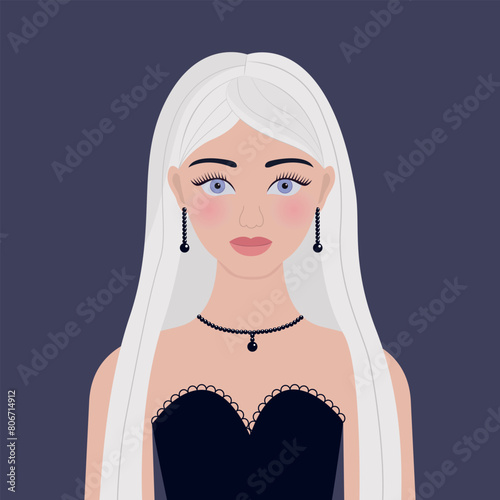 Young girl modern face. Portrait of woman. Blond white long hair. Blue eyes. Beautiful lady, female. Earrings, necklaces. Front view. Avatar for social networks. Flat design. Violet background. Vector © worldofvector