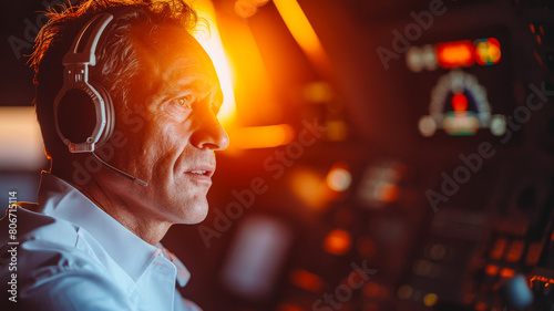 engineer with headset in a launch control room, staring at screens a launch that about to happen