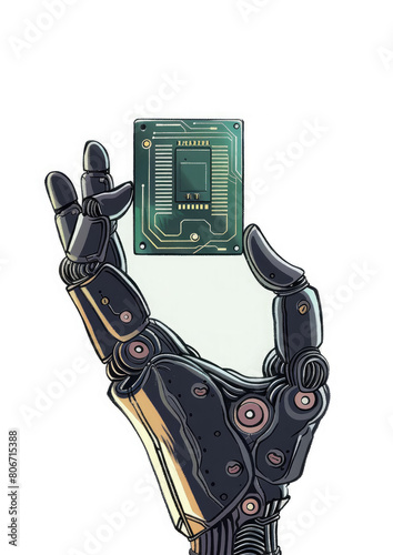 cyber robot hand holds high-tech nano chip, motherboard, technology, quantum computer, white background, future, science, scientist, development, hardware, digital, electrical, small device