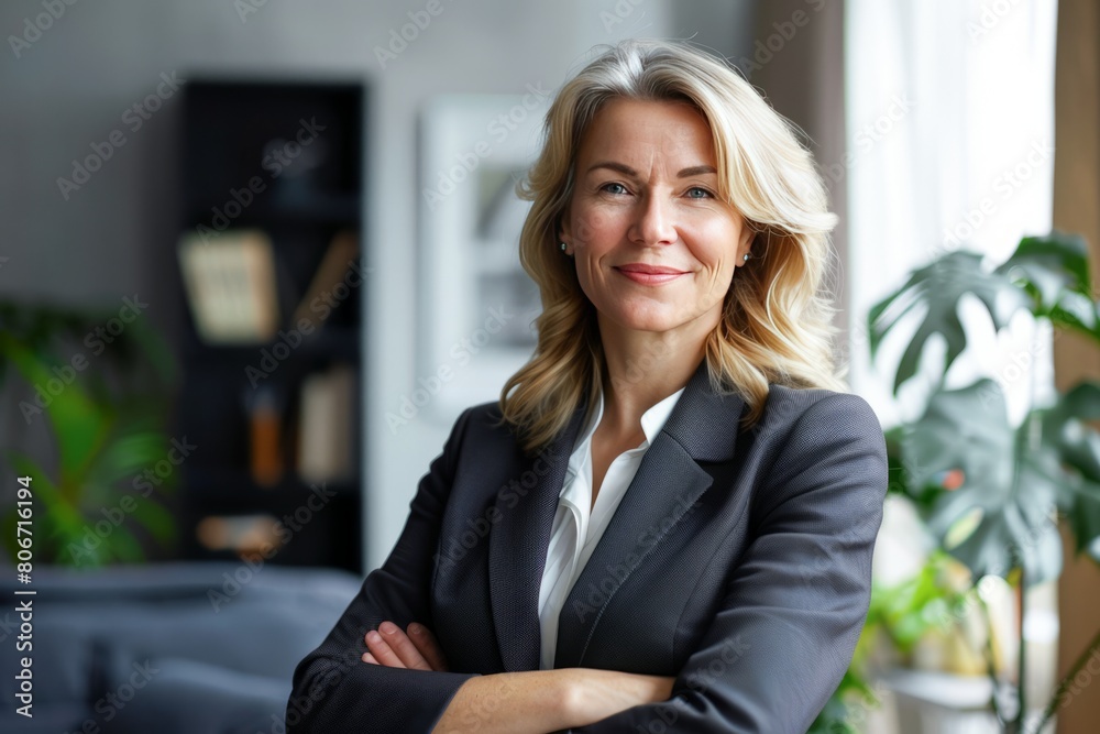 Confident Businesswoman Smiling With Arms Crossed in Modern Office Environment Confident Businesswoman Smiling With Arms Crossed in Modern Office Environment