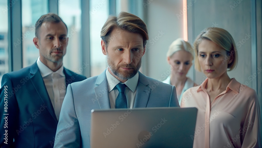 Obraz premium Business Professionals Collaborating Using Laptop in Office Setting
