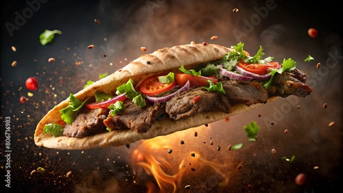 Grilled Beef Turkish Shawarma and Chicken Arabic Doner Sandwich with Flying Ingredients