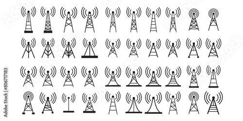 Wireless antenna tower icon. Antenna tower simple icons set. Collection of wireless, telecommunication antenna icons on white background. EPS 10 photo