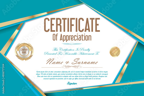 Print, Blue and gold Certificate of achievement template set with gold badge and border. Award diploma design blank. Vector Illustration for best action 