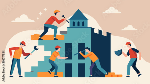 The tenth illustration shows the building reduced to just a few remaining walls with workers using handheld tools to break them down.. Vector illustration