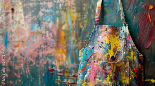 A colorful apron with splatters of paint on it hangs on a wall