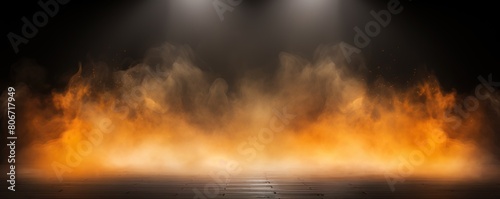 Orange smoke empty scene background with spotlights mist fog with gold glitter sparkle stage studio interior texture for display products blank 