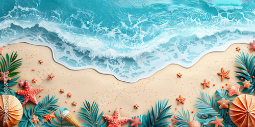 Stylized beach and ocean scene with waves and tropical decor, ideal for creative and travel-related content.