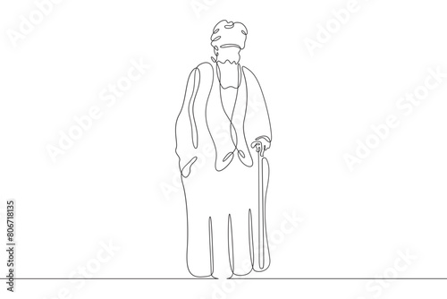 Muslim priest, Islamic clergyman. Male priest in full length in religious vestments. Religion. One continuous line. Line art. Minimum one line. White background. One line drawing.