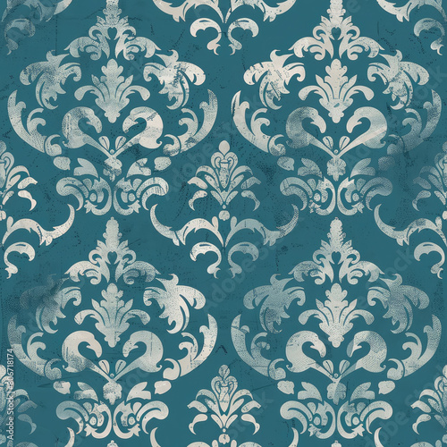 Seamless elegant blue and beige damask pattern with vintage distress marks. This seamless design features intricate florals and classic embellishments  perfect for wallpapers and textiles