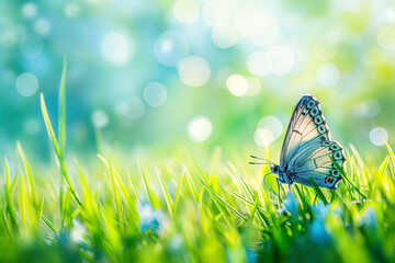 Spring or summer  nature background with green grass and butterfly