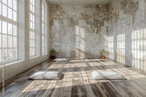 Yoga studio with an abundance of plants and large windows  designed in a natural style. This atmospheric setting is perfect for peaceful meditation and yoga