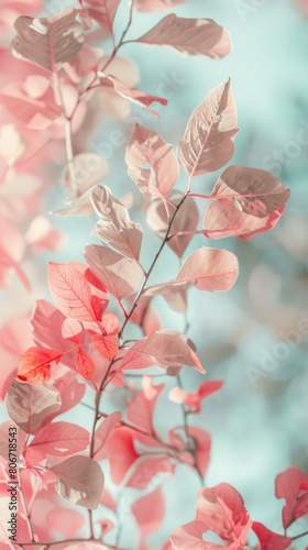 Detailed view of a tree with vibrant pink leaves in focus