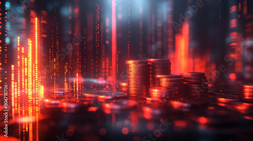 Abstract futuristic visualization of a financial investment concept depicting stacked coins and glowing line chart analysis representing profitable growth in markets like stocks and cryptocurrency.