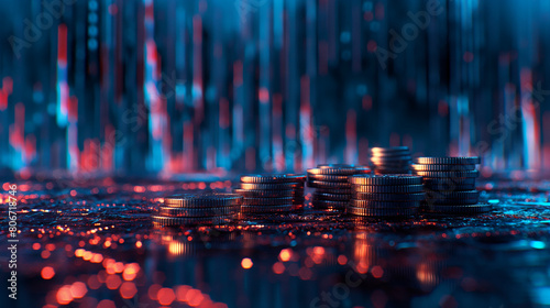 Abstract futuristic visualization of a financial investment concept depicting stacked coins and glowing line chart analysis representing profitable growth in markets like stocks and cryptocurrency.