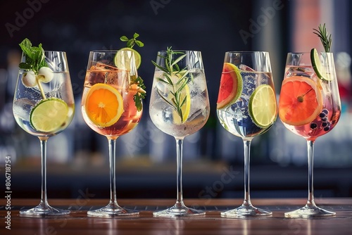 Five colorful gin tonic cocktails in wine glasses on bar counter in pup or restaurant. generative ai.