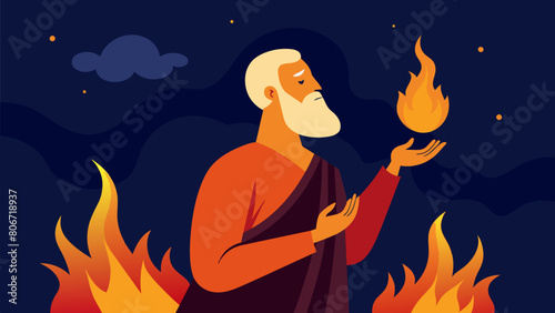 A stoic figure drawing parallels between the fires slow burn and lifes fleeting moments.. Vector illustration