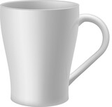 Realistic mug. White ceramic cup. 3d isolated object. Tea or coffee hot drink utensil, cafe and restaurant morning beverage dishware, side view element. Blank mockup. Vector illustration