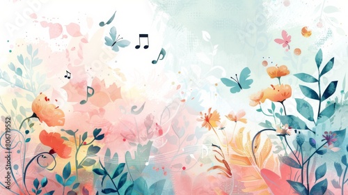 A painting featuring vibrant flowers intertwined with musical notes in a harmonious composition