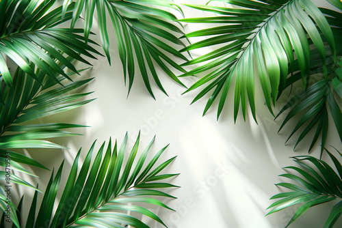 Palm leaves elegantly arranged on a white background  ideal for minimalist and botanical design themes.