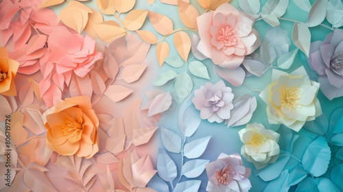 Paper flowers decorate a colorful wall  creating a botanical backdrop for design projects