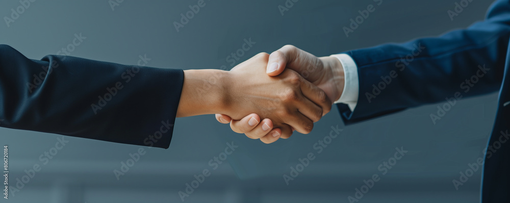 Business Professionals in Blue Engaging in Firm Handshake Business Professionals in Blue Engaging in Firm Handshake