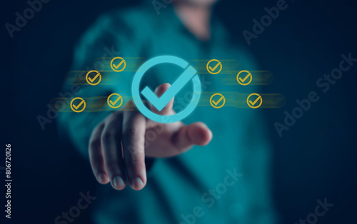 Businessman showing quality Providing the best service, confident, confident, accurate and excellent service, ISO certified, standards accreditation guidelines.	
