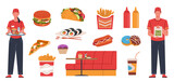 Fast food restaurant. Bistro workers in uniform with tray and bag in hands, tacos, donuts, french fries and burger, pizza and asian meal, french fries and drink nowaday vector cartoon flat set