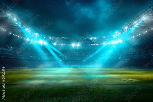 spotlight beams are on the ground of soccer stadium illuminating field of play at night, dramatic sports lighting, athletic competition, no people, empty copy space for messages , logos, show product