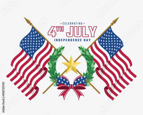 Celebrating 4th of july, independence day - Text and two crossed american flag with Gold star and wreath vector design