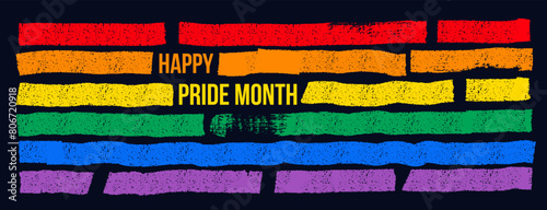 Happy pride month banner. Grunge texture with brush stroke pattern, rainbow color, banner. Rainbow colored background. Colors of the LGBT community. Colored stripes. Vector illustration.