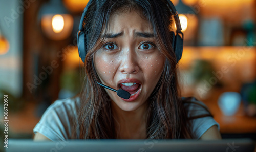 young asian woman as a call center operator, unhappy at work, angry and worried, underpaid and overstressed, social issues	 photo