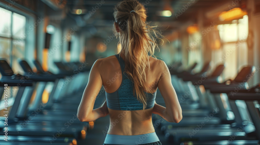 Back view of a focused young woman running on a treadmill in a modern gym setting, highlighting fitness dedication. Back view of a focused young woman running on a treadmill in a modern gym setting, highlighting fitness dedication.