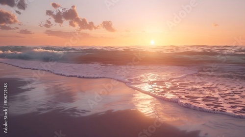  A serene beach scene unfolds  with waves whispering secrets as the sun dips below the horizon.  