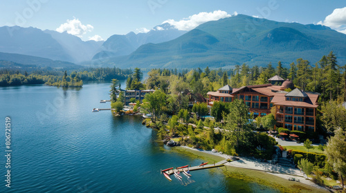 lakeside resort surrounded by tranquil waters and majestic mountains, offering a range of outdoor activities like kayaking, fishing, and hiking, providing families with the perfect retreat
