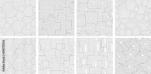 Black and white seamless pattern for coloring book in doodle style. Circles, triangles, quadrangles, hexagons, hearts, polygons, crosses.