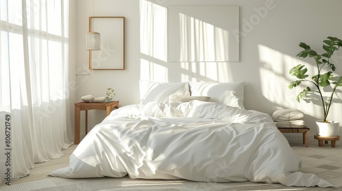 minimalist bedroom with organic linens and textures featuring a white bed with pillows, a small wood table, and a potted green plant against a white wall