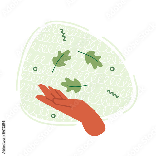 Vector illustration in flat style with hand holding green leaves. Flat illustration on the theme of environmental protection and clean energy production.