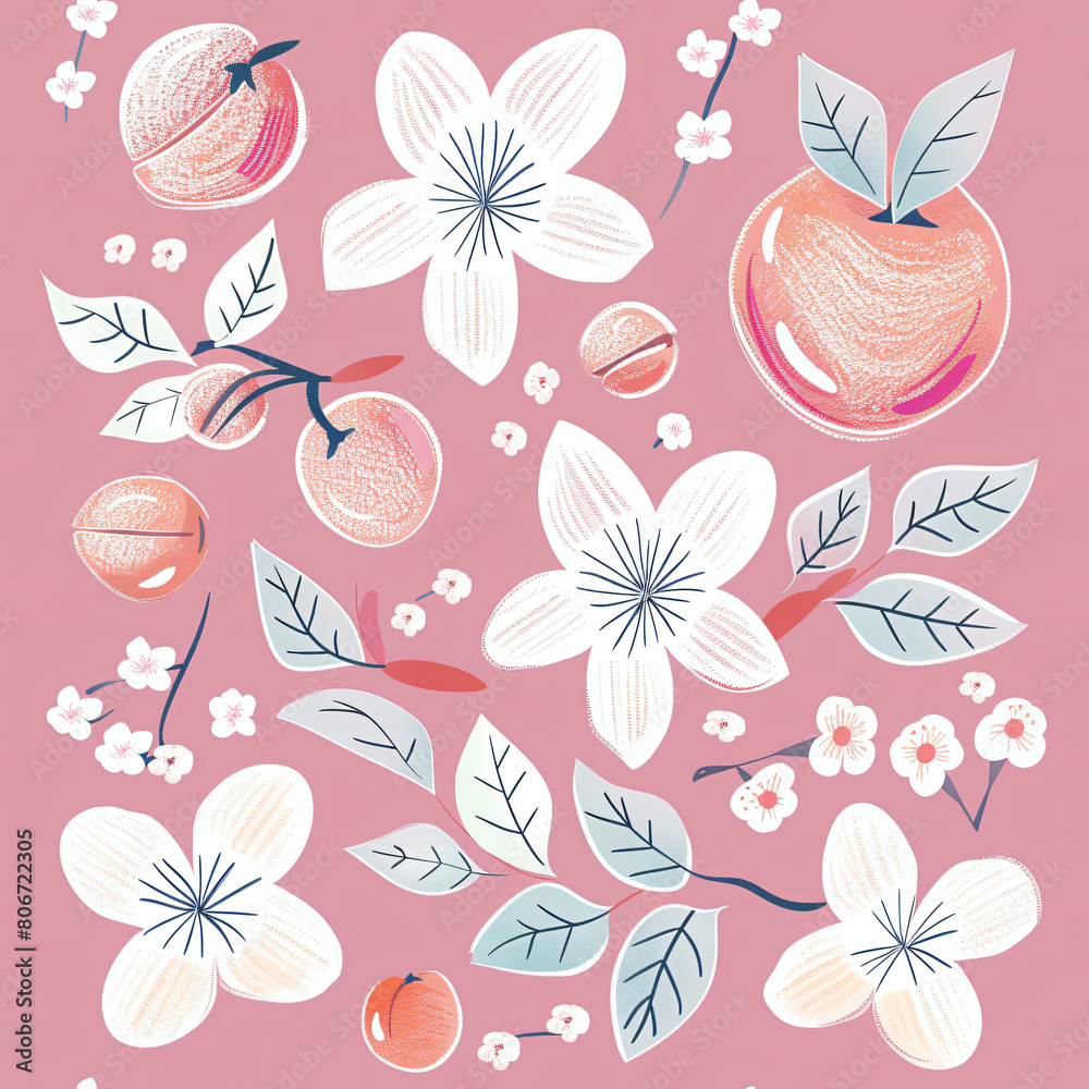Vibrant and colorful citrus tree illustration with ripe fruits, blossoming flowers, and peach background, perfect for botanical and nature-themed wall art and print design Vibrant and colorful citrus tree illustration with ripe fruits, blossoming flowers, and peach background, perfect for botanical and nature-themed wall art and print design